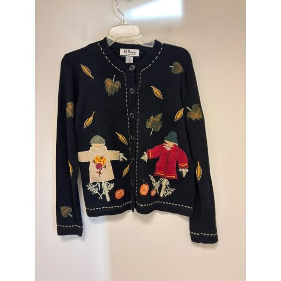 Vintage Halloween All Points Fall Scarecrow Leaves Cardigan Sweater - Picture 1 of 6